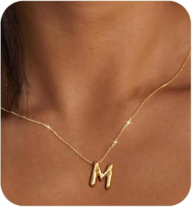 Bubble Letter Necklace Gold Initial Necklaces for Women Trendy Chunky Charm Pendant Necklaces Gold Jewelry Birthday Gifts for Women Teen Her Mom Grandma Wife Sister