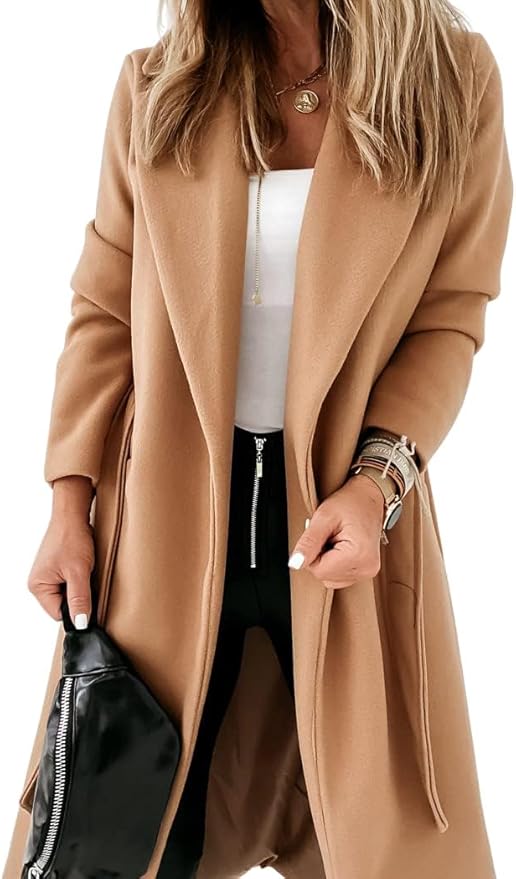 Womens Classic Coat Lapel Collar Open Front Belted Long Jacket