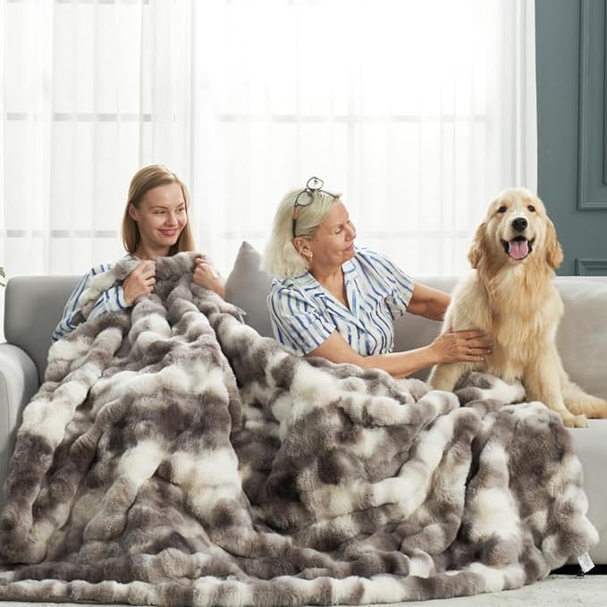 Cozy Bliss Faux Fur Throw Blanket for Couch, Fuzzy Soft Plush Thick Bubble Blanket for Sofa Bedroom Living Room, 50 * 60 Inches Tie-dye Taupe