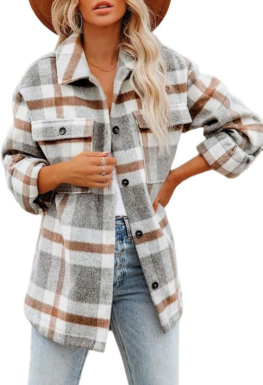 Beaully Women's Flannel Plaid Shacket Long Sleeve Button Down Shirts Jacket Coats with Side Pockets