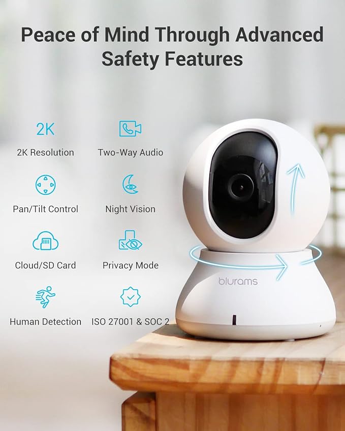 blurams Security Camera, 2K Indoor Camera 360° Pet Camera for Home Security w/Motion Tracking, Phone App, 2-Way Audio, IR Night Vision, Siren, Works with Alexa & Google Assistant(2.4GHz ONLY)