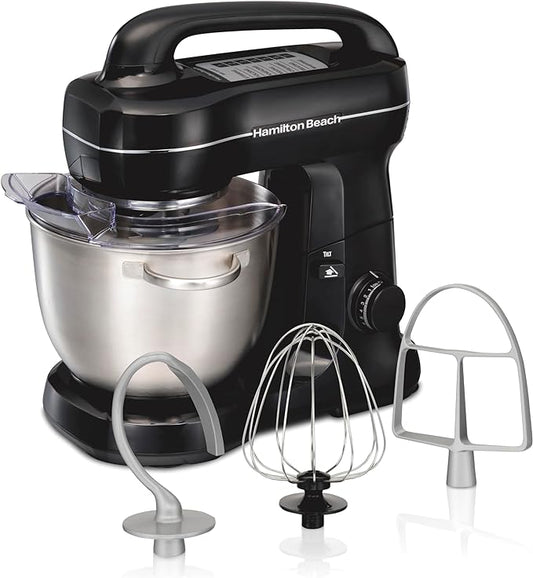 Hamilton Beach Electric Stand Mixer, 4 Quarts, Dough Hook, Flat Beater Attachments, Splash Guard 7 Speeds with Whisk, Black with Top Handle