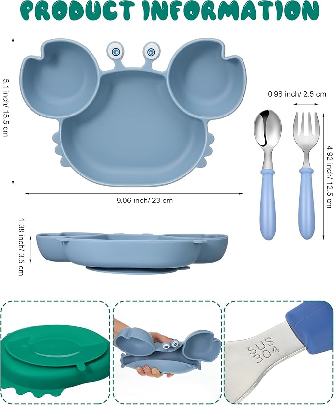 Maxdot 9 Pcs Baby Silicone Plates with Suction Divided Placemat Dish with Spoon Fork Set Toddler Plates Baby Plates and Utensils Set Kids Self Feeding Training Supplies, Dinosaurs, Crab, Hippo