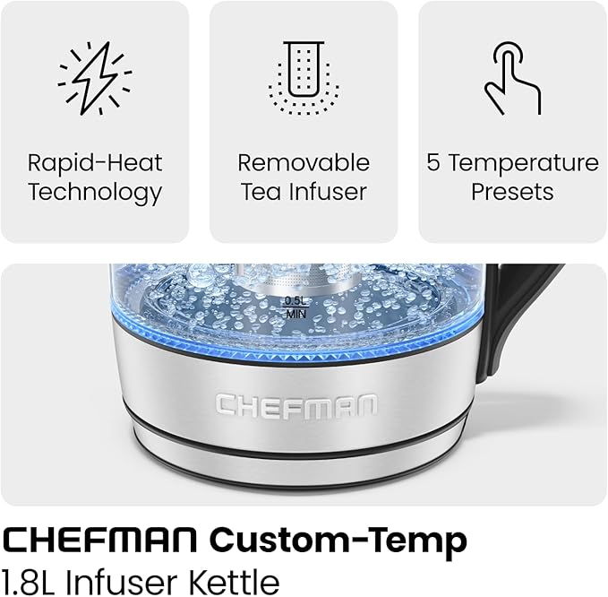 Chefman Electric Kettle with Temperature Control, 5 Presets LED Indicator Lights, Removable Tea Infuser, Glass Tea Kettle & Hot Water Boiler, 360° Swivel Base, BPA Free, Stainless Steel, 1.8 Liters