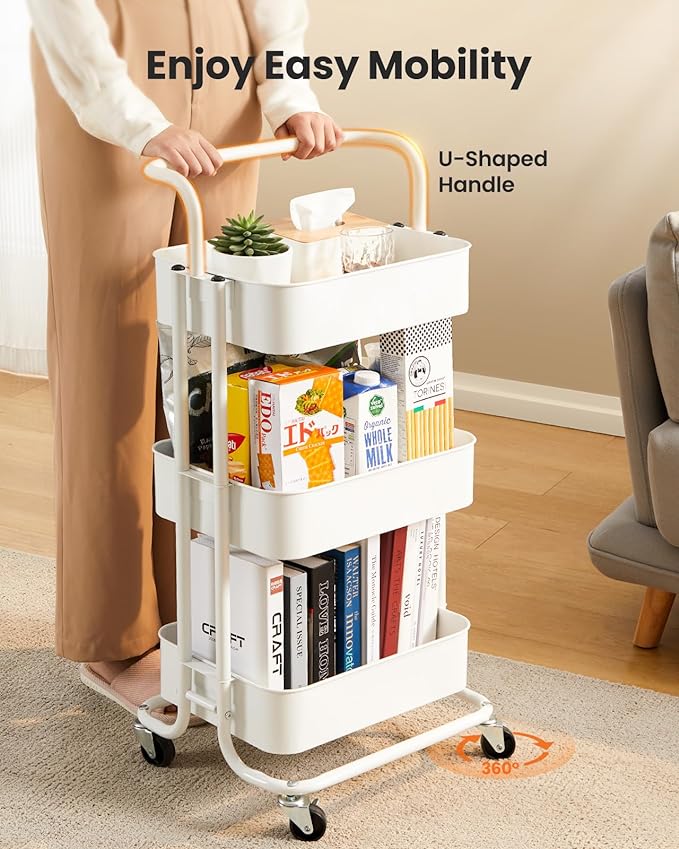 Pipishell 3 Tier Mesh Utility Cart, Rolling Metal Organization Cart with Handle and Lockable Wheels, Multifunctional Storage Shelves for Kitchen Living Room Office White