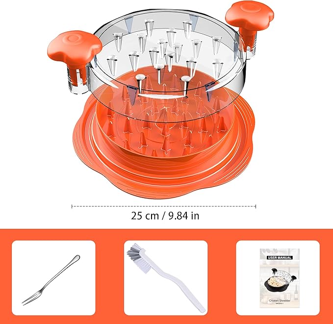 Chicken Shredder Large Chicken Breast Shredder Tool Twist with Brush&Fork, Visible Meat Shredder Machine, Anti-Slip Strip, Ergonomic Handle, BPA Free, Suitable for Pork Beef Chicken(Orange)