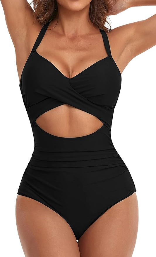 Eomenie Women's One Piece Swimsuits Tummy Control Cutout High Waisted Bathing Suit Wrap Tie Back 1 Piece Swimsuit