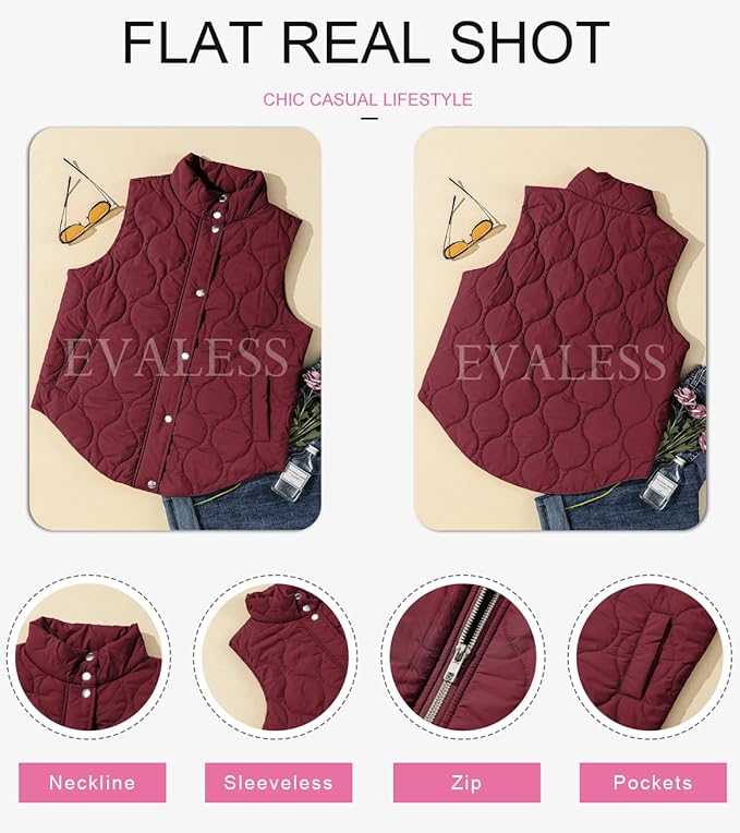 EVALESS Cropped Puffer Vest Women Lightweight Quilted Stand Collar Sleeveless Jackets Fall Button Zip Up Warm Coat Outerwear