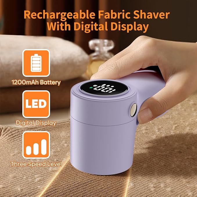 ``𝗥𝗲𝗰𝗵𝗮𝗿𝗴𝗲𝗮𝗯𝗹𝗲 Fabric Shaver, coldSky Lint Remover for Clothes with 3 Blades, Electric Lint Shaver with Digital Display, 3-Speeds Defuzzer for Removing Fuzz and Pill from Sweater Purple