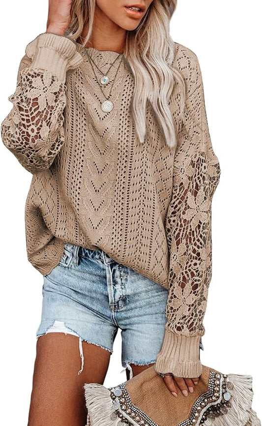 Dokotoo Womens Crewneck Crochet Lace Long Sleeve Hollow Out Cable Knit Sweaters Pullover Tops