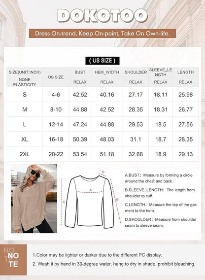 Dokotoo Womens Oversized Waffle Knit Crewneck Sweatshirts Long Sleeve Side Slits Casual Pullover Sweatshirt Tops