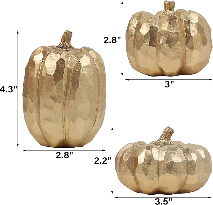 winemana Pumpkins Fall Decor Indoor- Set of 3 Thanksgiving Table Decorations, Artificial Pumpkins Decor for Fall Table Runner, Harvest Autumn, Home Mantel, Office (Elegant Gold)