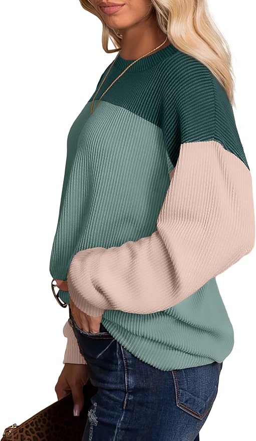 WIHOLL Womens Fashion 2024 Color Block Long Sleeve Crewneck Knitted Ribbed Shirts Tunic Tops Casual Loose