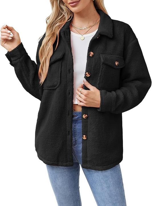 ZAFUL Womens Winter Sherpa Fleece Jacket Button Down Long Sleeve Warm Fuzzy Outwear Coat with Pockets