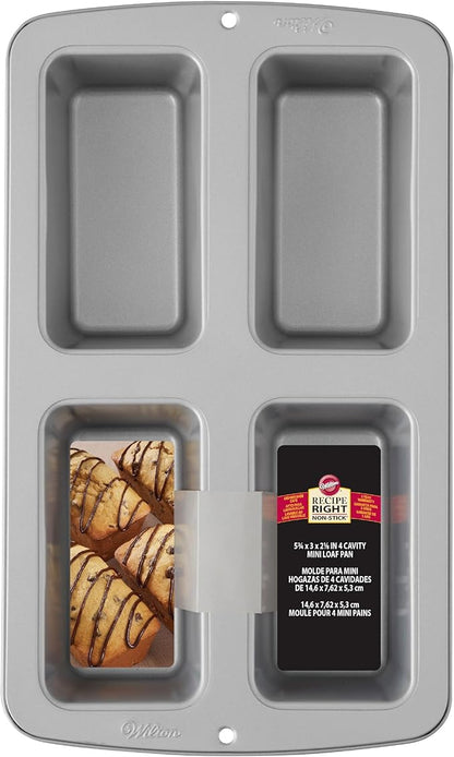 Wilton Recipe Right Non-Stick Mini Loaf Pan, 4-Cavity Cookware Set for Your Creations, Steel