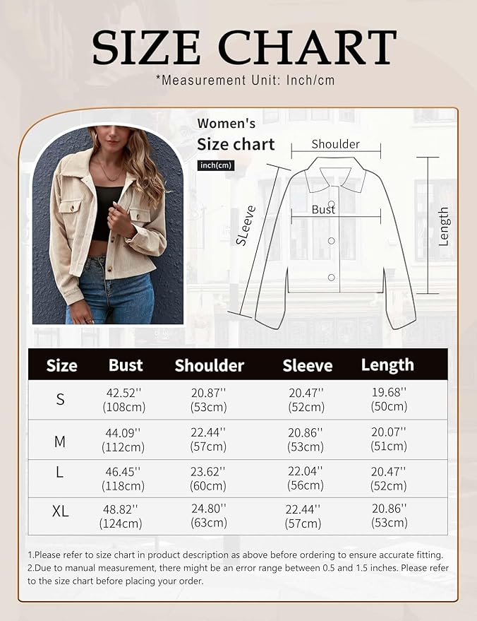 Gihuo Women's Fashion Cropped Shacket Button Down Corduroy Shacket Jackets Casual Plaid Long Sleeve Crop Jackets Tops