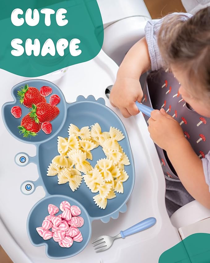 Maxdot 9 Pcs Baby Silicone Plates with Suction Divided Placemat Dish with Spoon Fork Set Toddler Plates Baby Plates and Utensils Set Kids Self Feeding Training Supplies, Dinosaurs, Crab, Hippo