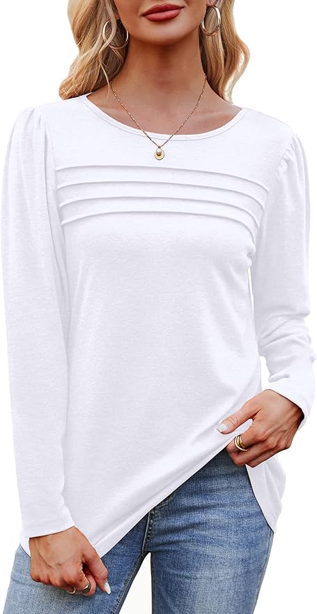 OFEEFAN Long Sleeve Shirts for Women Fall Fashion 2024 Dressy Casual Blouses Trendy Pleated Tunic Tops for Leggings