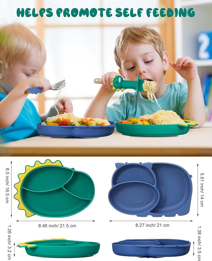 Maxdot 9 Pcs Baby Silicone Plates with Suction Divided Placemat Dish with Spoon Fork Set Toddler Plates Baby Plates and Utensils Set Kids Self Feeding Training Supplies, Dinosaurs, Crab, Hippo