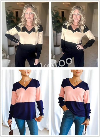 Dokotoo Womens Tops 2024 Fall Color Block Long Sleeve Shirts V Neck Dressy Casual Blouses