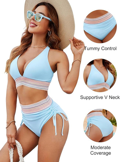 Blooming Jelly Women High Waisted Bikini Sets Tummy Control Swimsuits Color Block Two Piece Drawstring Bathing Suit