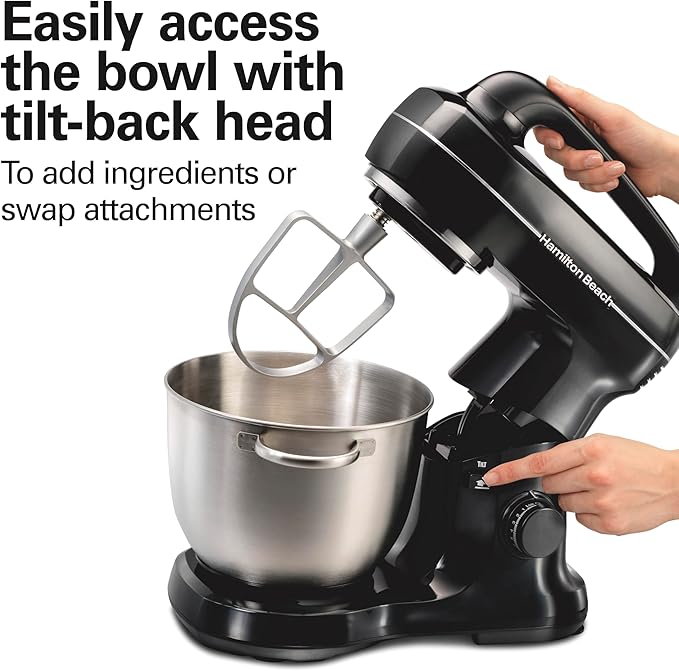 Hamilton Beach Electric Stand Mixer, 4 Quarts, Dough Hook, Flat Beater Attachments, Splash Guard 7 Speeds with Whisk, Black with Top Handle