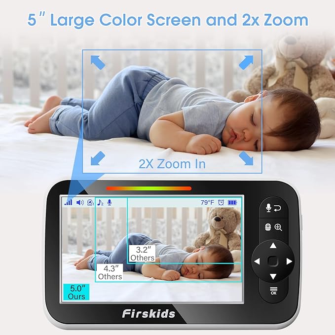 Baby Monitor no WiFi, 5” Large Display Video Baby Monitor with Camera and Audio, Remote Pan-Tilt-Zoom Camera, Night Vision, VOX, Two Way Audio, Temperature Display, Lullaby, 960ft Range