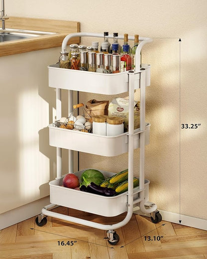 Pipishell 3 Tier Mesh Utility Cart, Rolling Metal Organization Cart with Handle and Lockable Wheels, Multifunctional Storage Shelves for Kitchen Living Room Office White