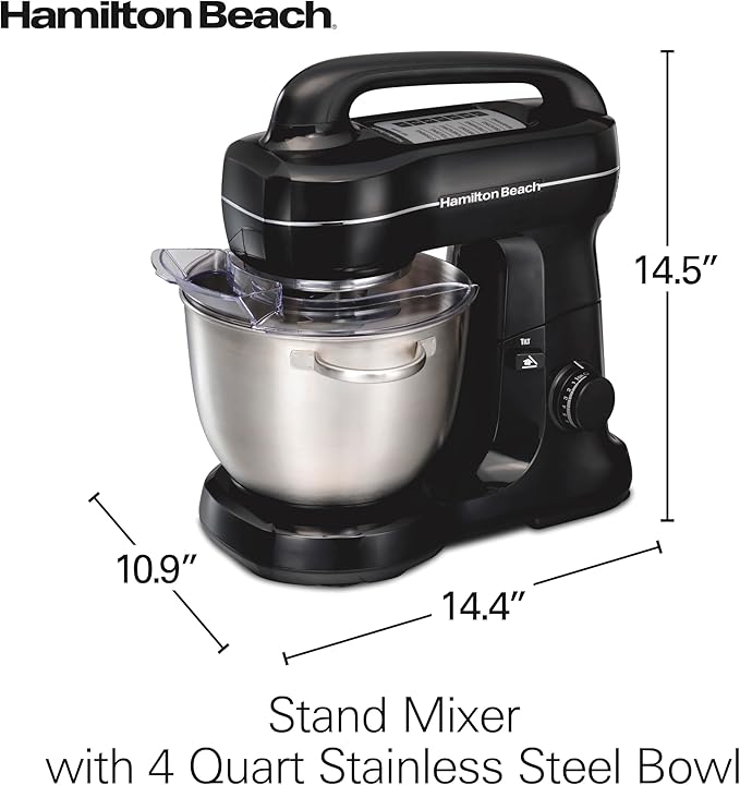 Hamilton Beach Electric Stand Mixer, 4 Quarts, Dough Hook, Flat Beater Attachments, Splash Guard 7 Speeds with Whisk, Black with Top Handle