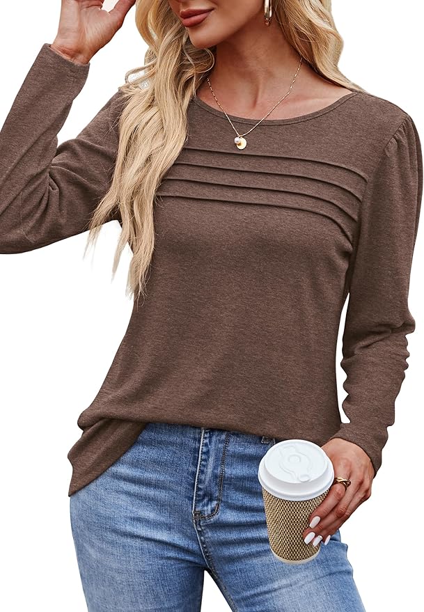 OFEEFAN Long Sleeve Shirts for Women Fall Fashion 2024 Dressy Casual Blouses Trendy Pleated Tunic Tops for Leggings