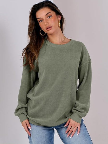 Caracilia Womens Oversized Sweatshirt Sweater Crewneck Long Sleeve Ribbed Corduroy Casual Pullover 2024 Fall Fashion Clothes