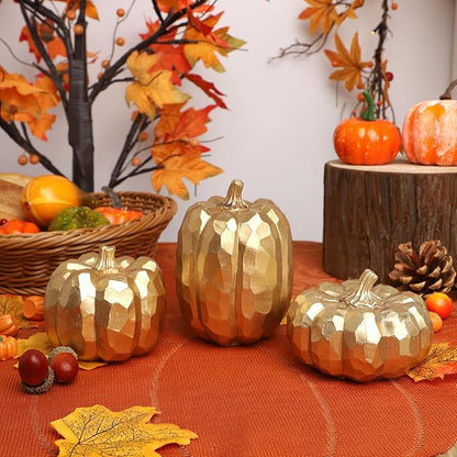 winemana Pumpkins Fall Decor Indoor- Set of 3 Thanksgiving Table Decorations, Artificial Pumpkins Decor for Fall Table Runner, Harvest Autumn, Home Mantel, Office (Elegant Gold)