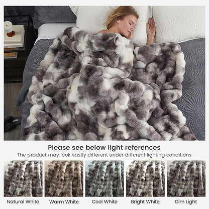 Cozy Bliss Faux Fur Throw Blanket for Couch, Fuzzy Soft Plush Thick Bubble Blanket for Sofa Bedroom Living Room, 50 * 60 Inches Tie-dye Taupe