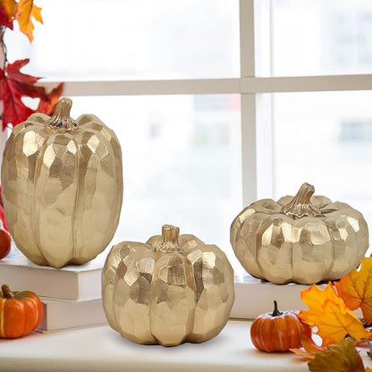 winemana Pumpkins Fall Decor Indoor- Set of 3 Thanksgiving Table Decorations, Artificial Pumpkins Decor for Fall Table Runner, Harvest Autumn, Home Mantel, Office (Elegant Gold)