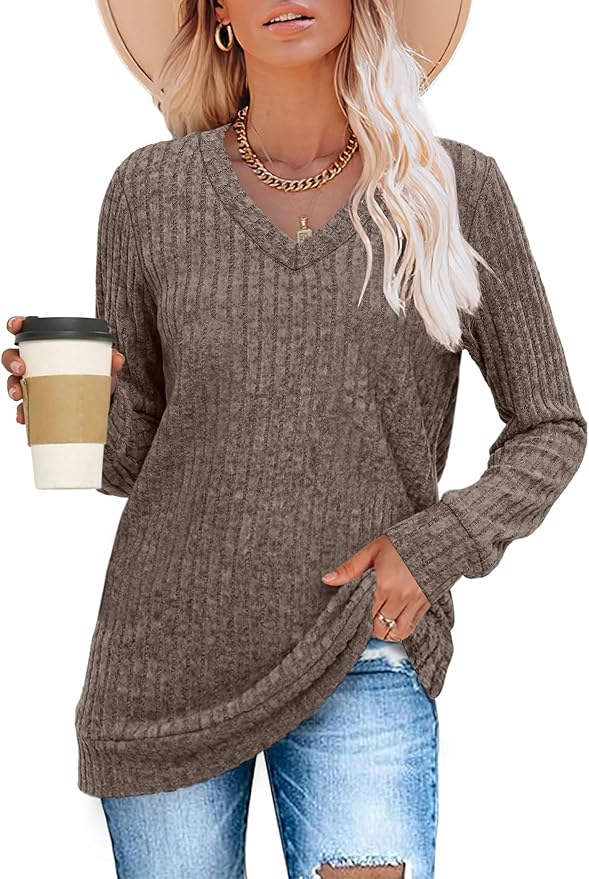 SAMPEEL V Neck Long Sleeve Shirts for Women Casual Fall Tops Lightweight Tunic Sweaters Fashion Clothes 2024