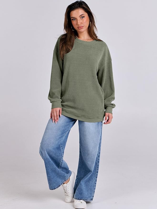 Caracilia Womens Oversized Sweatshirt Sweater Crewneck Long Sleeve Ribbed Corduroy Casual Pullover 2024 Fall Fashion Clothes