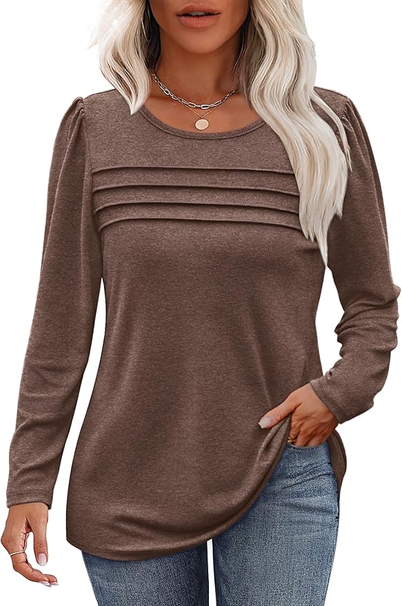 OFEEFAN Long Sleeve Shirts for Women Fall Fashion 2024 Dressy Casual Blouses Trendy Pleated Tunic Tops for Leggings