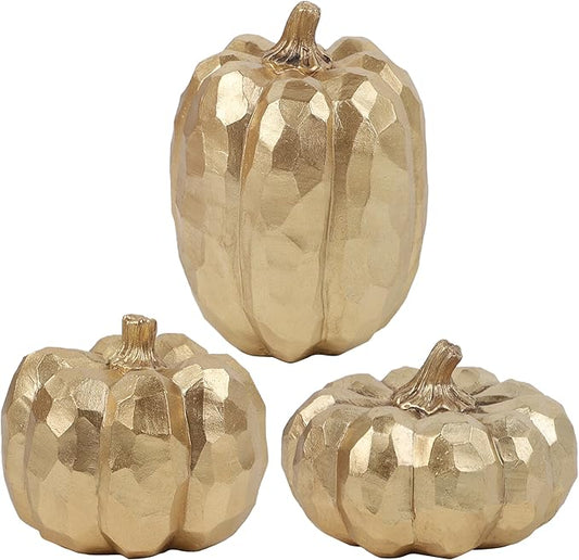 winemana Pumpkins Fall Decor Indoor- Set of 3 Thanksgiving Table Decorations, Artificial Pumpkins Decor for Fall Table Runner, Harvest Autumn, Home Mantel, Office (Elegant Gold)