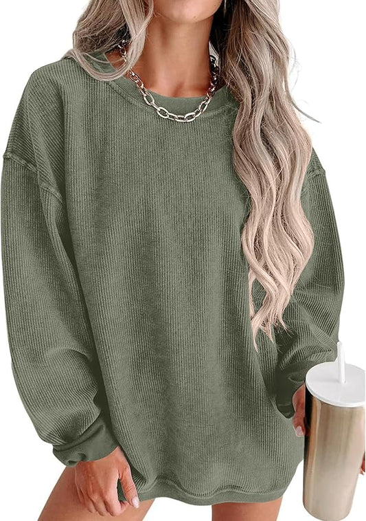 Caracilia Womens Oversized Sweatshirt Sweater Crewneck Long Sleeve Ribbed Corduroy Casual Pullover 2024 Fall Fashion Clothes