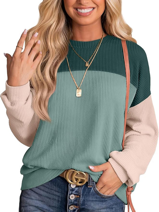 WIHOLL Womens Fashion 2024 Color Block Long Sleeve Crewneck Knitted Ribbed Shirts Tunic Tops Casual Loose