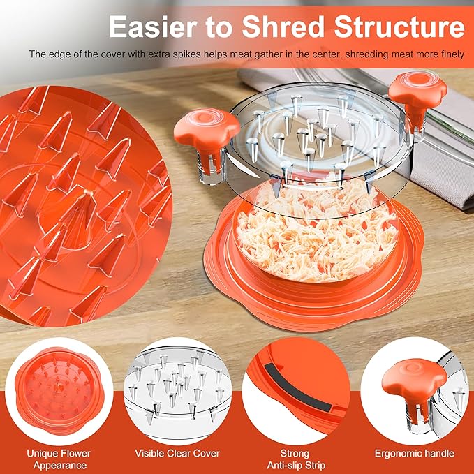 Chicken Shredder Large Chicken Breast Shredder Tool Twist with Brush&Fork, Visible Meat Shredder Machine, Anti-Slip Strip, Ergonomic Handle, BPA Free, Suitable for Pork Beef Chicken(Orange)