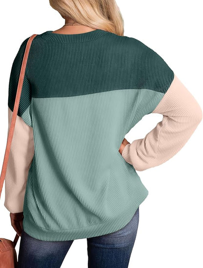 WIHOLL Womens Fashion 2024 Color Block Long Sleeve Crewneck Knitted Ribbed Shirts Tunic Tops Casual Loose