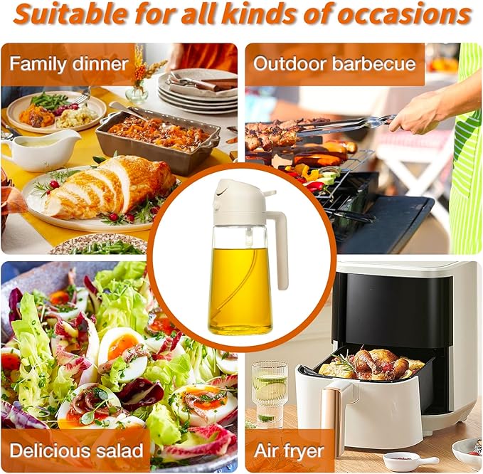 YARRAMATE Oil Sprayer for Cooking, 2 in 1 Olive Oil Dispenser Bottle for Kitchen, 16oz/470ml Premium Glass Oil Bottle, Food-grade Oil Mister for Air Fryer, Salad, Frying, BBQ (Creamy White)