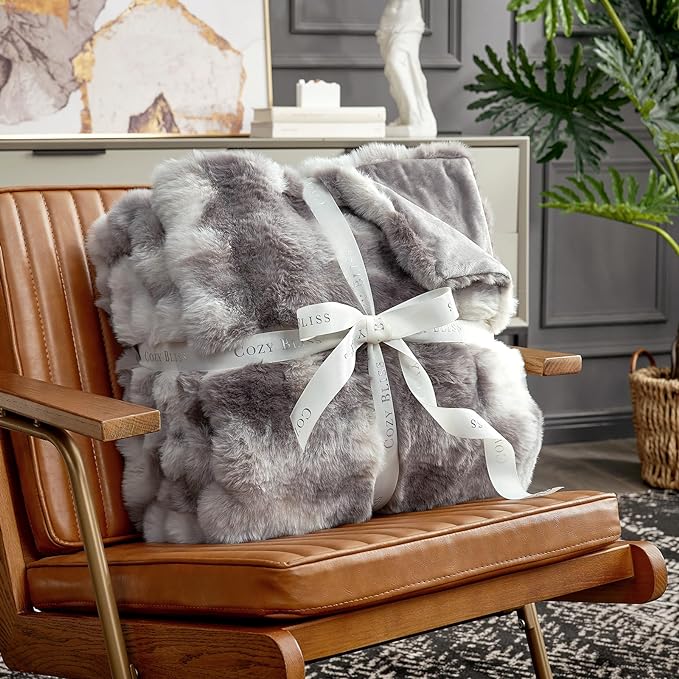 Cozy Bliss Faux Fur Throw Blanket for Couch, Fuzzy Soft Plush Thick Bubble Blanket for Sofa Bedroom Living Room, 50 * 60 Inches Tie-dye Taupe