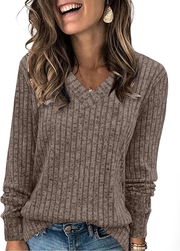 SAMPEEL V Neck Long Sleeve Shirts for Women Casual Fall Tops Lightweight Tunic Sweaters Fashion Clothes 2024