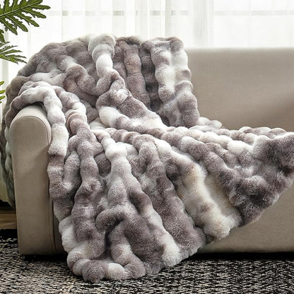 Cozy Bliss Faux Fur Throw Blanket for Couch, Fuzzy Soft Plush Thick Bubble Blanket for Sofa Bedroom Living Room, 50 * 60 Inches Tie-dye Taupe