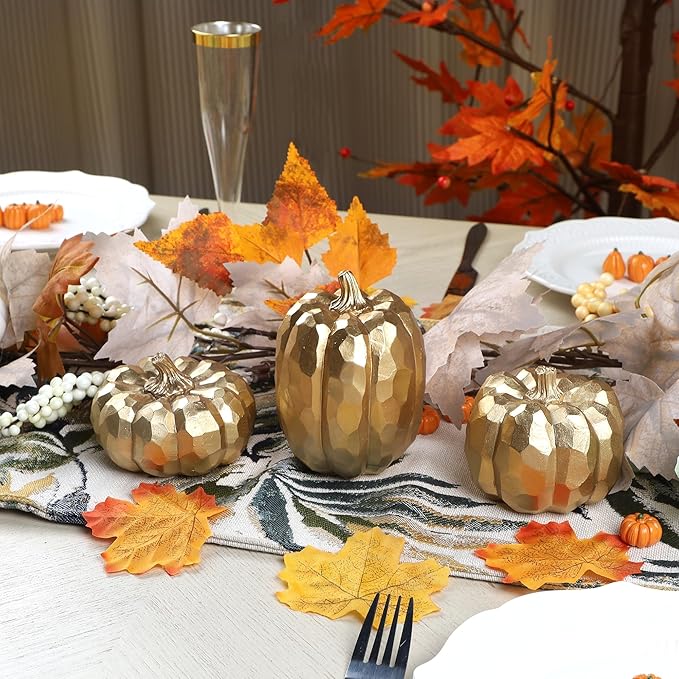 winemana Pumpkins Fall Decor Indoor- Set of 3 Thanksgiving Table Decorations, Artificial Pumpkins Decor for Fall Table Runner, Harvest Autumn, Home Mantel, Office (Elegant Gold)