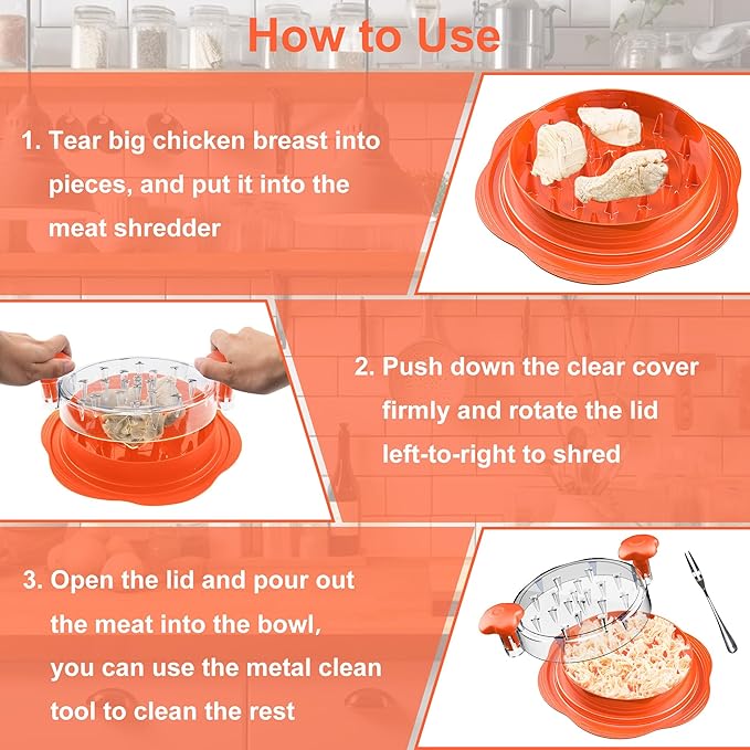 Chicken Shredder Large Chicken Breast Shredder Tool Twist with Brush&Fork, Visible Meat Shredder Machine, Anti-Slip Strip, Ergonomic Handle, BPA Free, Suitable for Pork Beef Chicken(Orange)