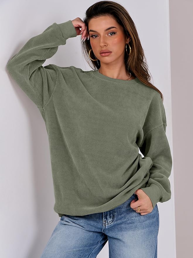 Caracilia Womens Oversized Sweatshirt Sweater Crewneck Long Sleeve Ribbed Corduroy Casual Pullover 2024 Fall Fashion Clothes