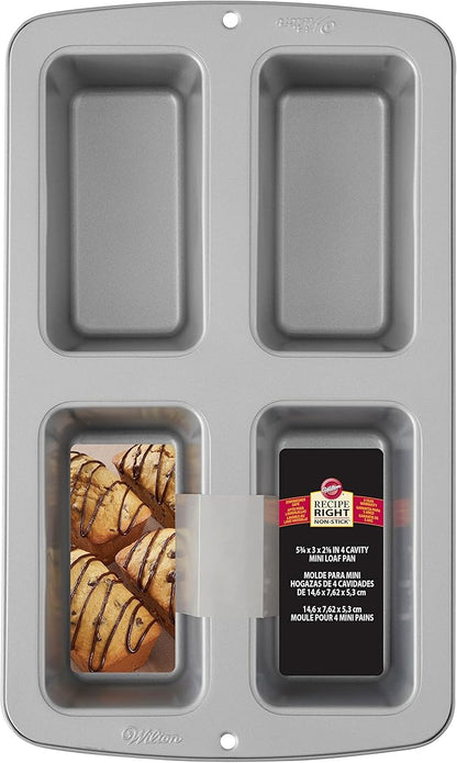 Wilton Recipe Right Non-Stick Mini Loaf Pan, 4-Cavity Cookware Set for Your Creations, Steel